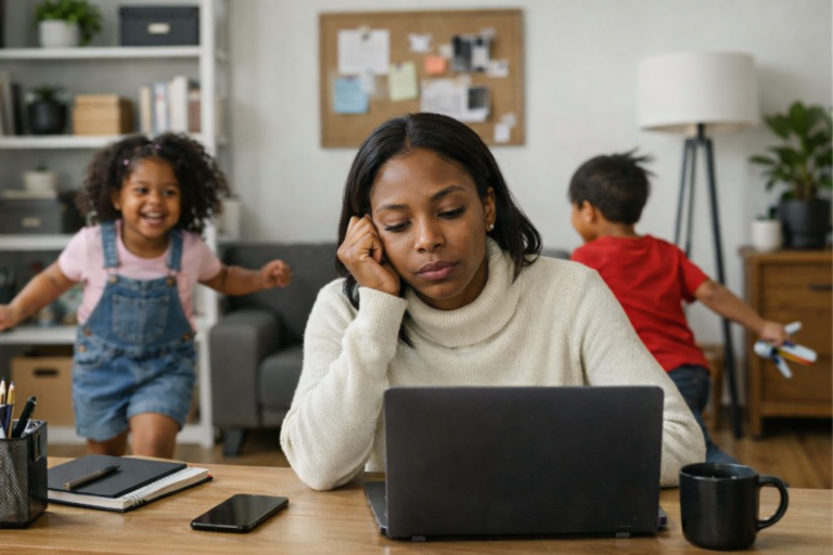 Woman working on laptop at desk looking exhausted while two children play loudly behind her